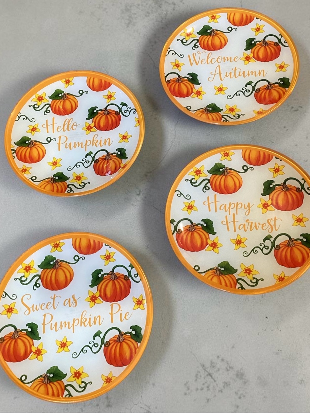 Set of 4 Glass 8” Dessert Plates Trmp-tations by Tara Fall Pumpkins NEW